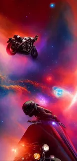 Futuristic motorcycles racing through a colorful galaxy in space.