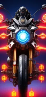 Futuristic motorcycle with neon red and blue lights on a dark background.