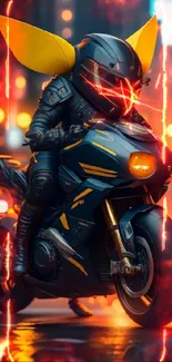 Futuristic motorcycle rider with yellow accents in a neon-lit city.