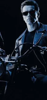 Futuristic motorcycle scene in dark blue color scheme.