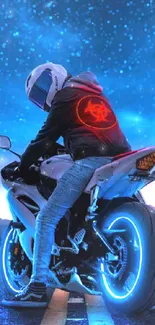 Futuristic motorcycle with neon lights under starry sky.