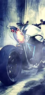 Futuristic motorcycle with flame effects on urban background.