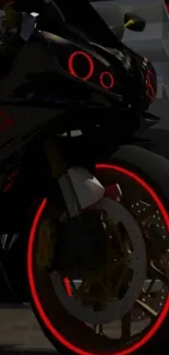 Futuristic motorcycle with red neon accents.