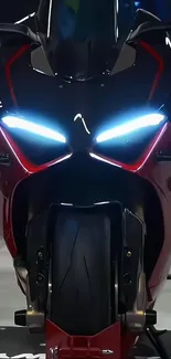 Futuristic motorcycle with glowing headlights in a dark setting.