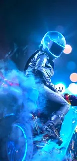 Biker illuminated by neon lights in a futuristic urban setting.