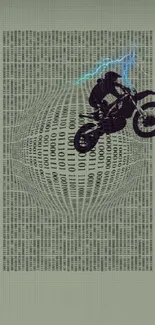 Futuristic motorcycle riding through binary code with electric graphics.