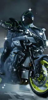 Futuristic black motorcycle with glowing wheels.