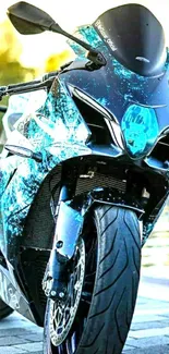 Futuristic motorcycle with vibrant blue colors on mobile wallpaper.