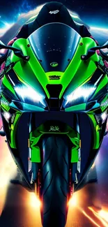 Futuristic motorcycle in neon green with cosmic background.