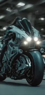 Futuristic motorcycle racing through a cyberpunk city scene.