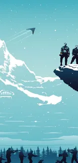 Futuristic mountain adventure wallpaper with silhouettes on a snowy peak.