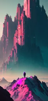 Futuristic cityscape with neon pink and mountain landscape.