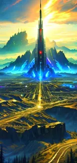 Futuristic cityscape at sunset with mountains and vibrant colors.