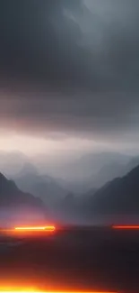 Futuristic mountains with glowing orange light against a dark, cloudy sky.