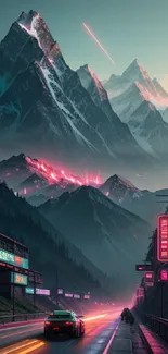 Futuristic road with neon lights amidst towering mountains at night.