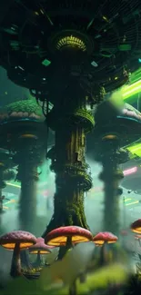 Futuristic cityscape with glowing mushrooms and towering structures.