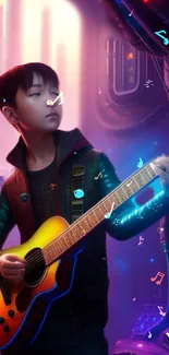 Young musician playing guitar in a neon-lit futuristic setting.