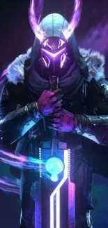 Futuristic warrior in purple glow holding a sword on a mobile wallpaper.