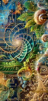 Intricate circuitry with nature elements and spirals making a futuristic art piece.