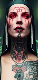 Futuristic neo-gothic art wallpaper with vivid neon accents and tattoos.