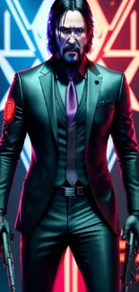 Neo-noir character with neon lights in a futuristic urban setting.