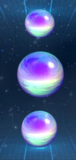 Futuristic neon 3D spheres with starry background.