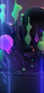 Futuristic neon abstract art with vibrant purple and green hues.