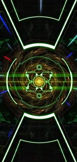 Futuristic neon abstract art wallpaper with green and yellow patterns.