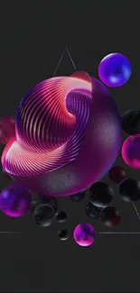 Futuristic neon abstract with vibrant spheres on dark background.