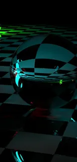 Futuristic checkered neon wallpaper with glass sphere.