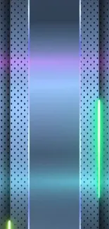 Futuristic metallic wallpaper with neon lights and perforated design.