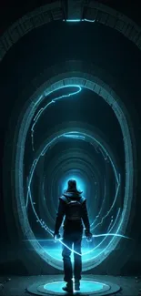 Futuristic wallpaper with neon rings and figure in tunnel.