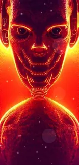 Futuristic AI face with neon glow in vibrant orange hue.