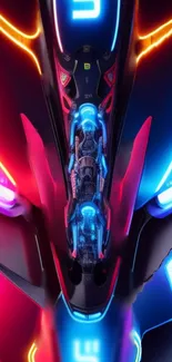 Futuristic neon AI design with electric blue and red hues.