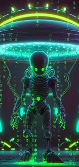 Futuristic neon alien artwork with glowing elements on a sci-fi themed background.