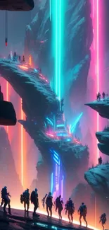 Futuristic neon landscape with alien figures and glowing beams.