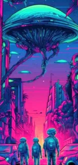 Neon cityscape with alien spaceship and three astronauts.