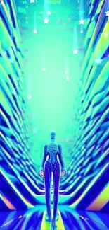 Futuristic android in a neon corridor with vibrant colors.