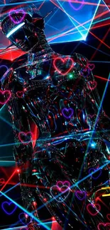 Futuristic android with neon lights and geometric patterns.