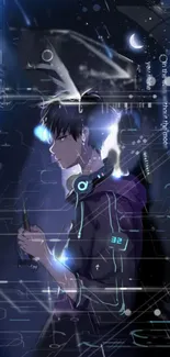 Futuristic anime wallpaper with neon and tech design