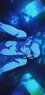 Futuristic anime character with neon blue glow in a dark setting.