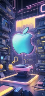 Futuristic digital wallpaper with glowing apple.