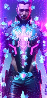 Futuristic character in neon armor with glowing details and vibrant colors.