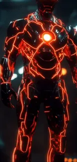 Futuristic armored figure with neon glow.