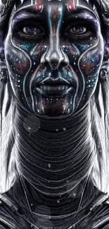 Futuristic face with neon tribal patterns, cosmic theme.