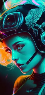 Futuristic neon art of a helmeted figure in vibrant colors.