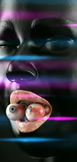 Surreal face with neon lights and eyeballs wallpaper.