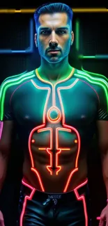 Male figure with neon lights on a dark backdrop.