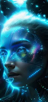 Futuristic neon art of a glowing cosmic-faced woman.