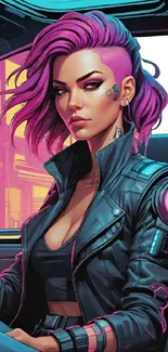 Futuristic female driver in cyberpunk art style.